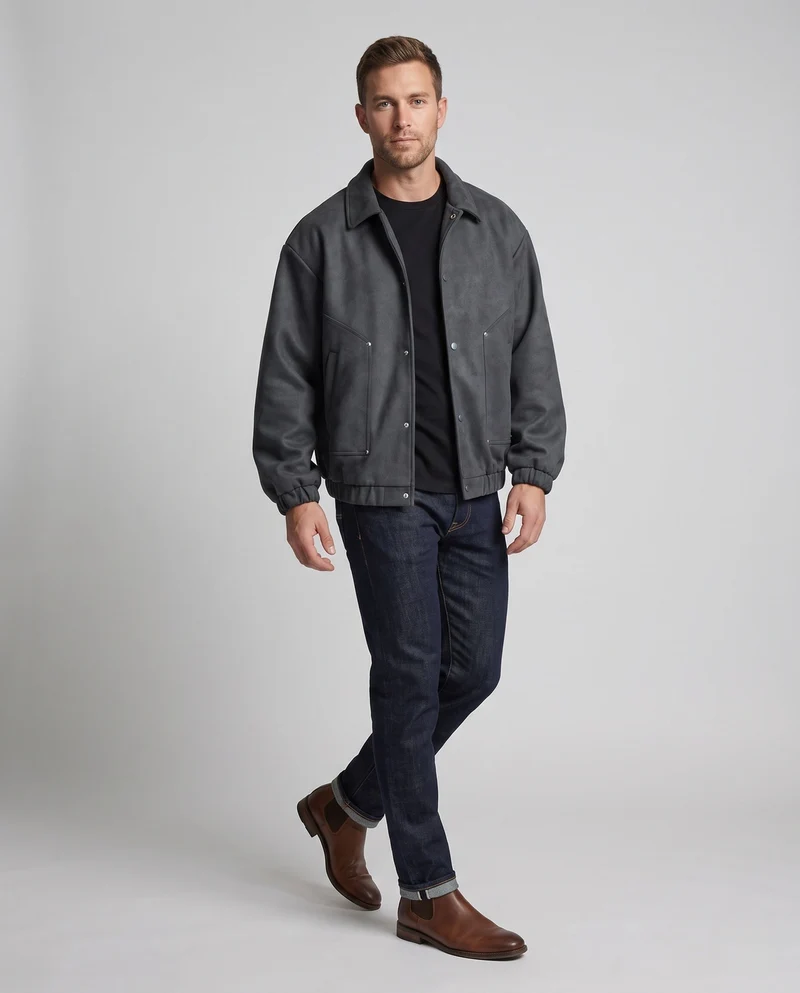 Herren Oversize Velours‑Optik Coachjacke mit Druckknopffront, elastischem Saum & Hemdkragen Nord Taschen