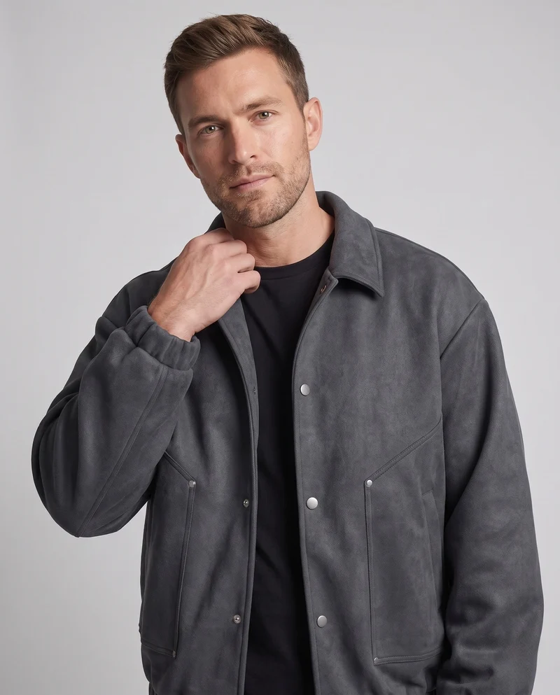 Herren Oversize Velours‑Optik Coachjacke mit Druckknopffront, elastischem Saum & Hemdkragen Nord Taschen