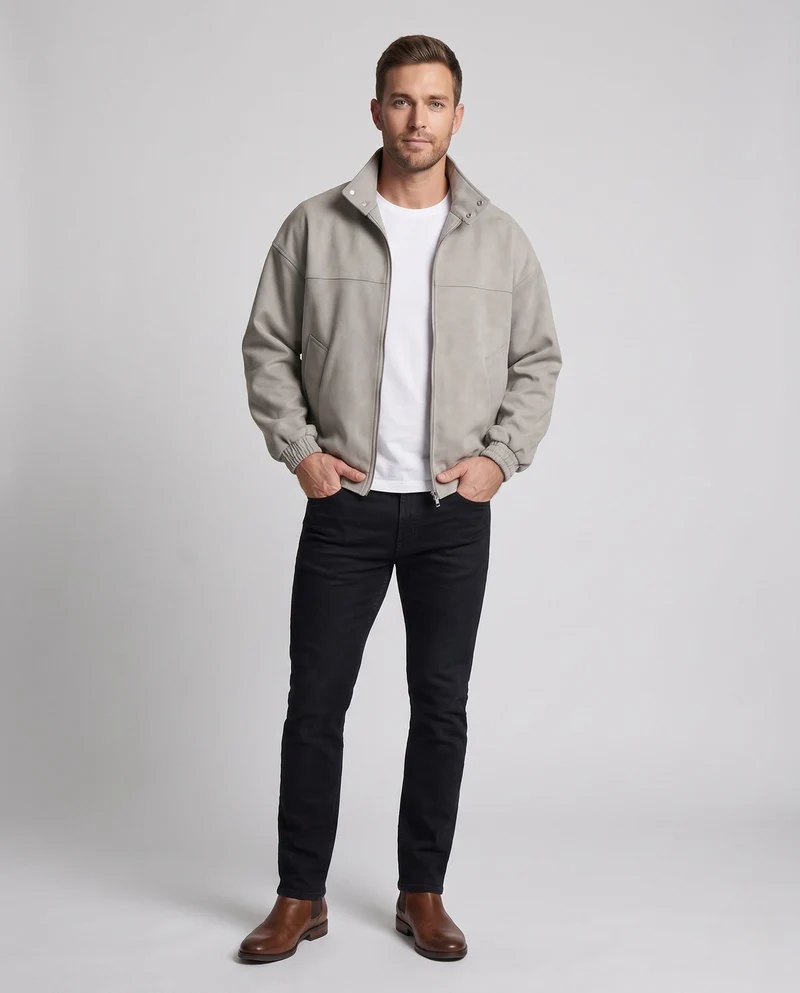 Herren Oversize-Veloursjacke mit Stehkragen, Zwei-Wege-Reißverschluss & elastischem Saum Nord Taschen
