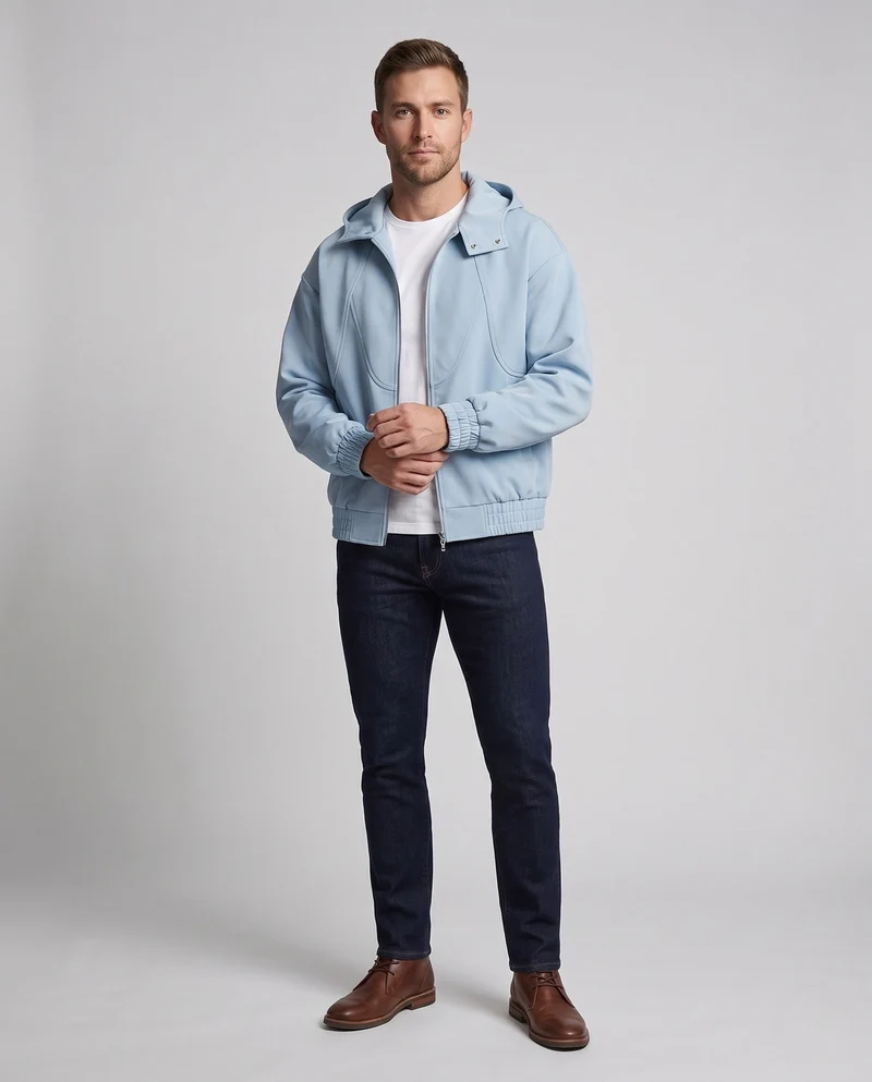 Herren Oversize Velours‑Optik Kapuzenjacke mit Zwei‑Wege‑Metallreißverschluss & elastischem Saum Nord Taschen