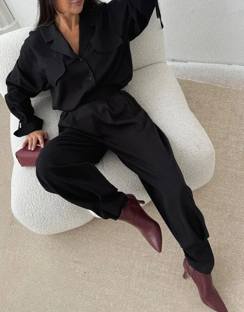 Damen Zweiteiliges Loungewear-Set mit Oversized-Bluse, Pattentaschen, Kordelmanschetten und hochtaillierter Jogpant Nord Taschen