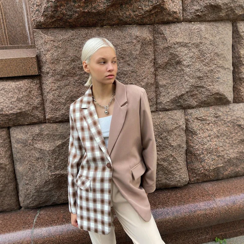Damen Zweifarbiger Oversize-Blazer mit Karomuster und Reverskragen Nord Taschen