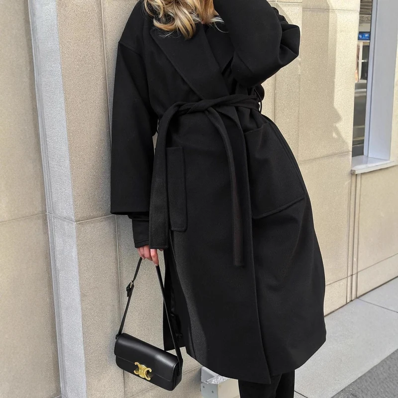 Damen Wickelmantel aus Wollmix mit Taillengürtel und aufgesetzten Taschen Nord Taschen