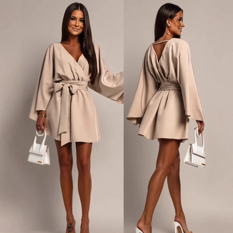 Damen Wickel-Minikleid mit Kimonoärmeln und Taillengürtel Nord Taschen