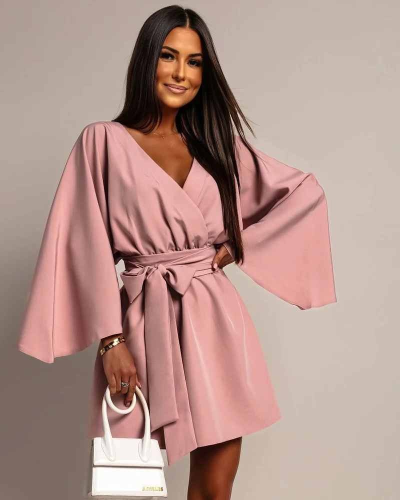 Damen Wickel-Minikleid mit Kimonoärmeln und Taillengürtel Nord Taschen