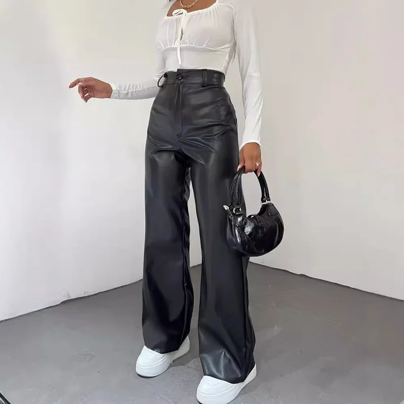 Damen Weite High-Waist-Hose aus Satinoptik mit weitem Bein Nord Taschen