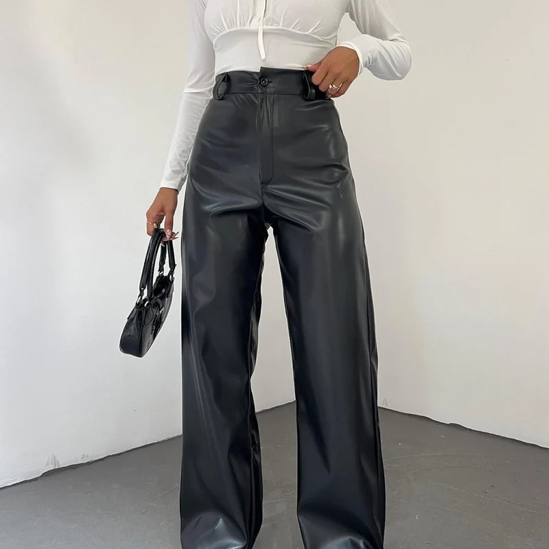 Damen Weite High-Waist-Hose aus Satinoptik mit weitem Bein Nord Taschen