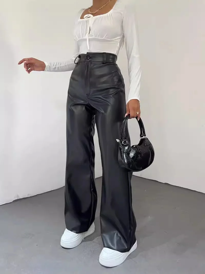 Damen Weite High-Waist-Hose aus Satinoptik mit weitem Bein Nord Taschen