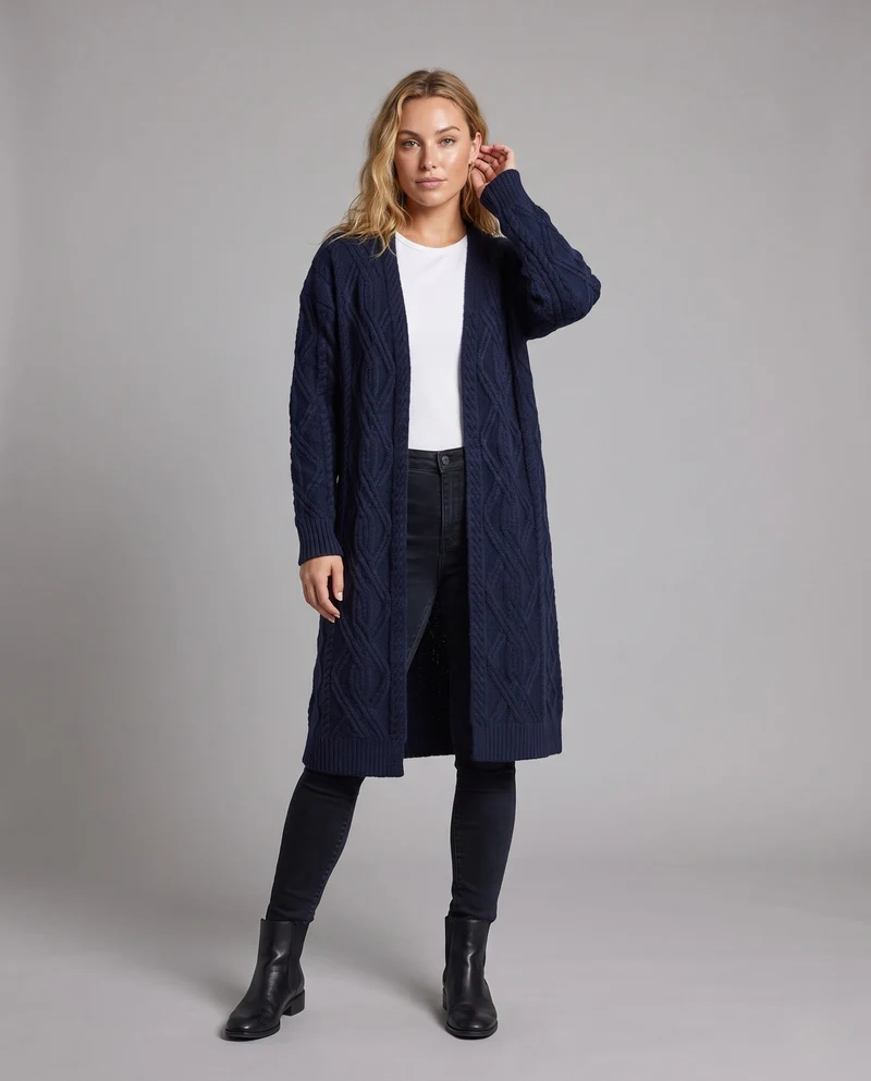 Damen Extra-langer offener Zopfmuster-Strickmantel im Kaschmir‑Look Nord Taschen
