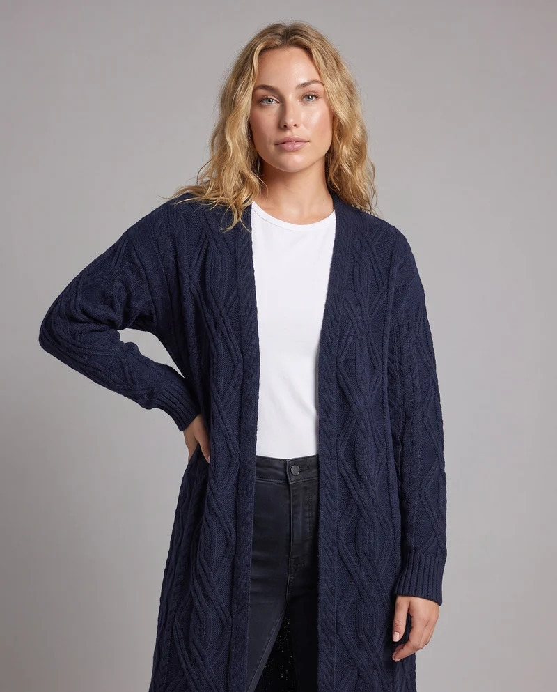 Damen Extra-langer offener Zopfmuster-Strickmantel im Kaschmir‑Look Nord Taschen