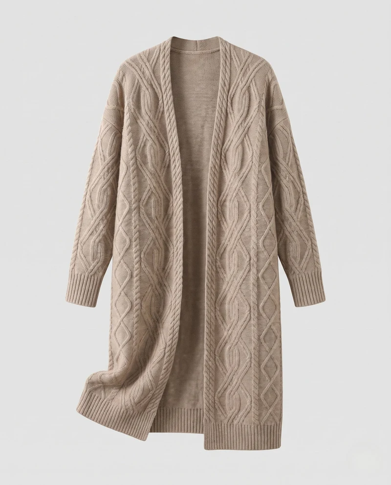 Damen Extra-langer offener Zopfmuster-Strickmantel im Kaschmir‑Look Nord Taschen