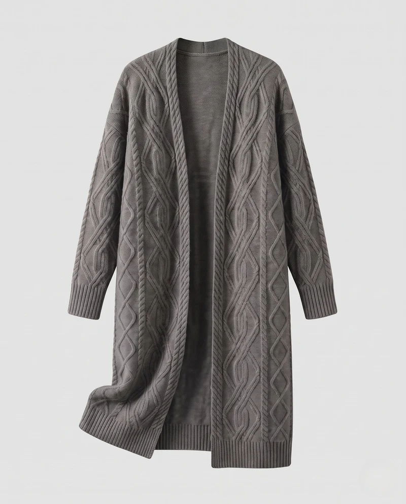 Damen Extra-langer offener Zopfmuster-Strickmantel im Kaschmir‑Look Nord Taschen