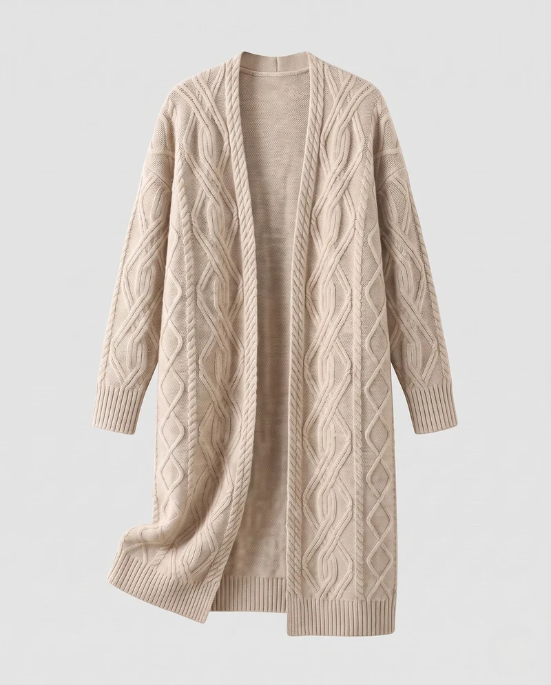 Damen Extra-langer offener Zopfmuster-Strickmantel im Kaschmir‑Look Nord Taschen