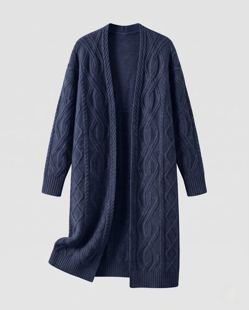 Damen Extra-langer offener Zopfmuster-Strickmantel im Kaschmir‑Look Nord Taschen