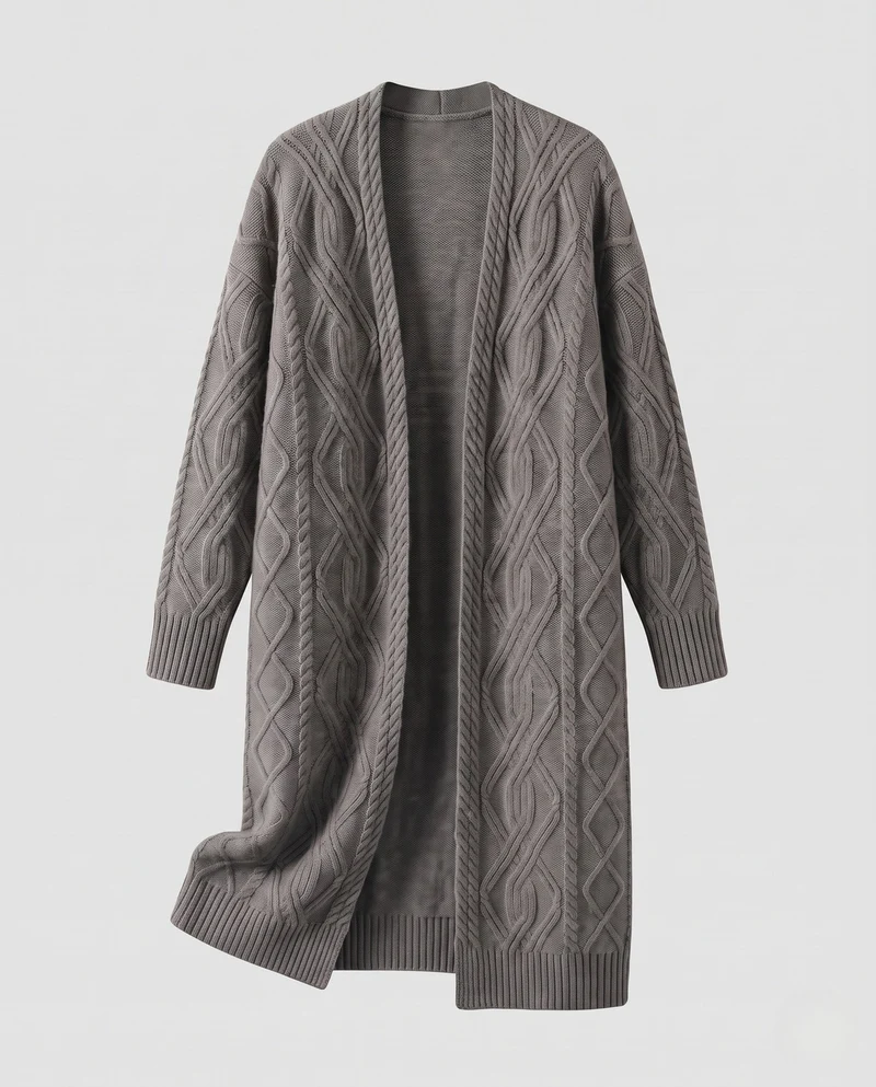 Damen Extra-langer offener Zopfmuster-Strickmantel im Kaschmir‑Look Nord Taschen