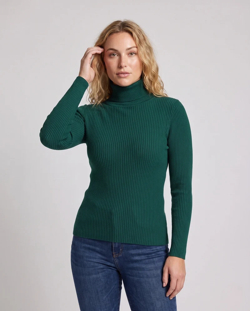 Damen Enganliegender Rippstrick-Rollkragenpullover in Feiner Stretch-Qualität Nord Taschen
