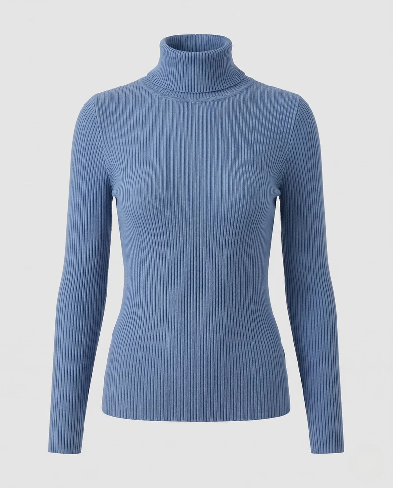 Damen Enganliegender Rippstrick-Rollkragenpullover in Feiner Stretch-Qualität Nord Taschen
