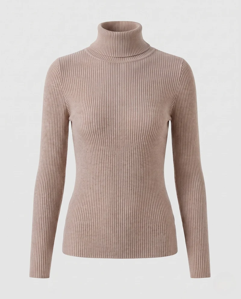 Damen Enganliegender Rippstrick-Rollkragenpullover in Feiner Stretch-Qualität Nord Taschen