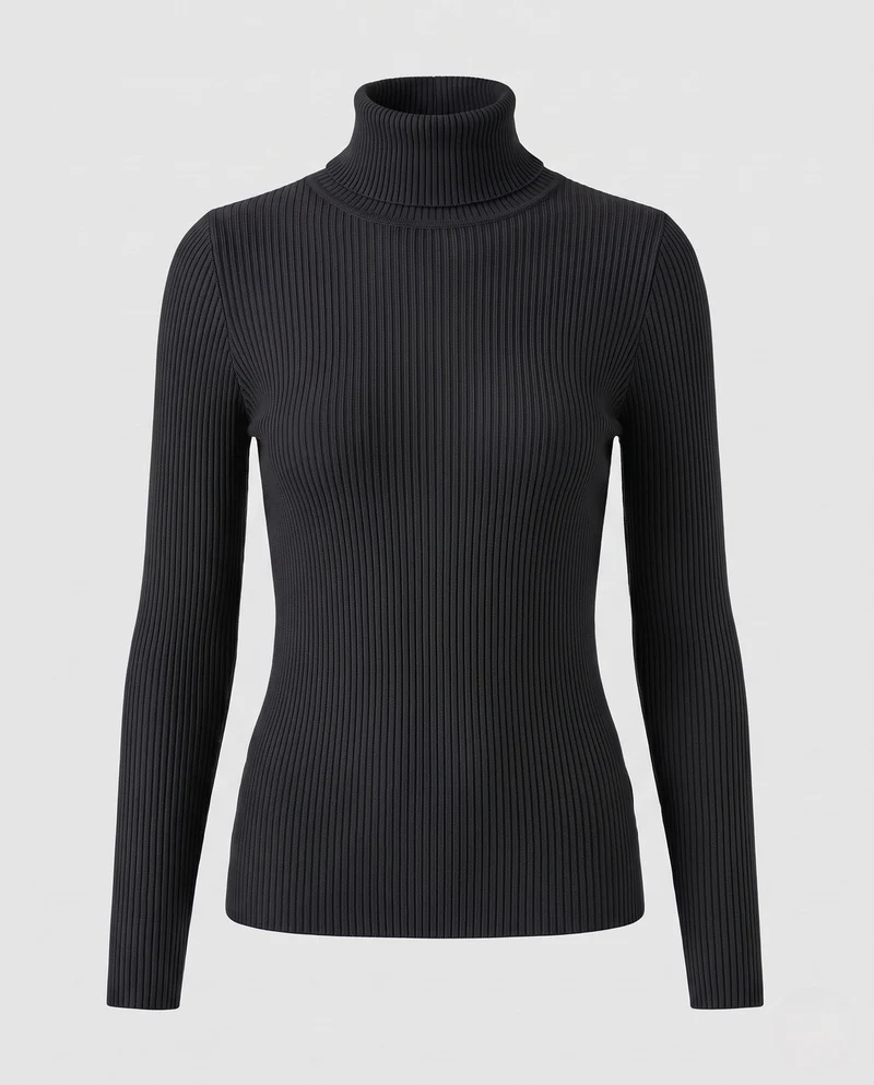 Damen Enganliegender Rippstrick-Rollkragenpullover in Feiner Stretch-Qualität Nord Taschen