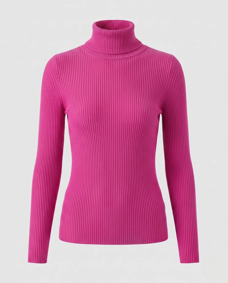 Damen Enganliegender Rippstrick-Rollkragenpullover in Feiner Stretch-Qualität Nord Taschen