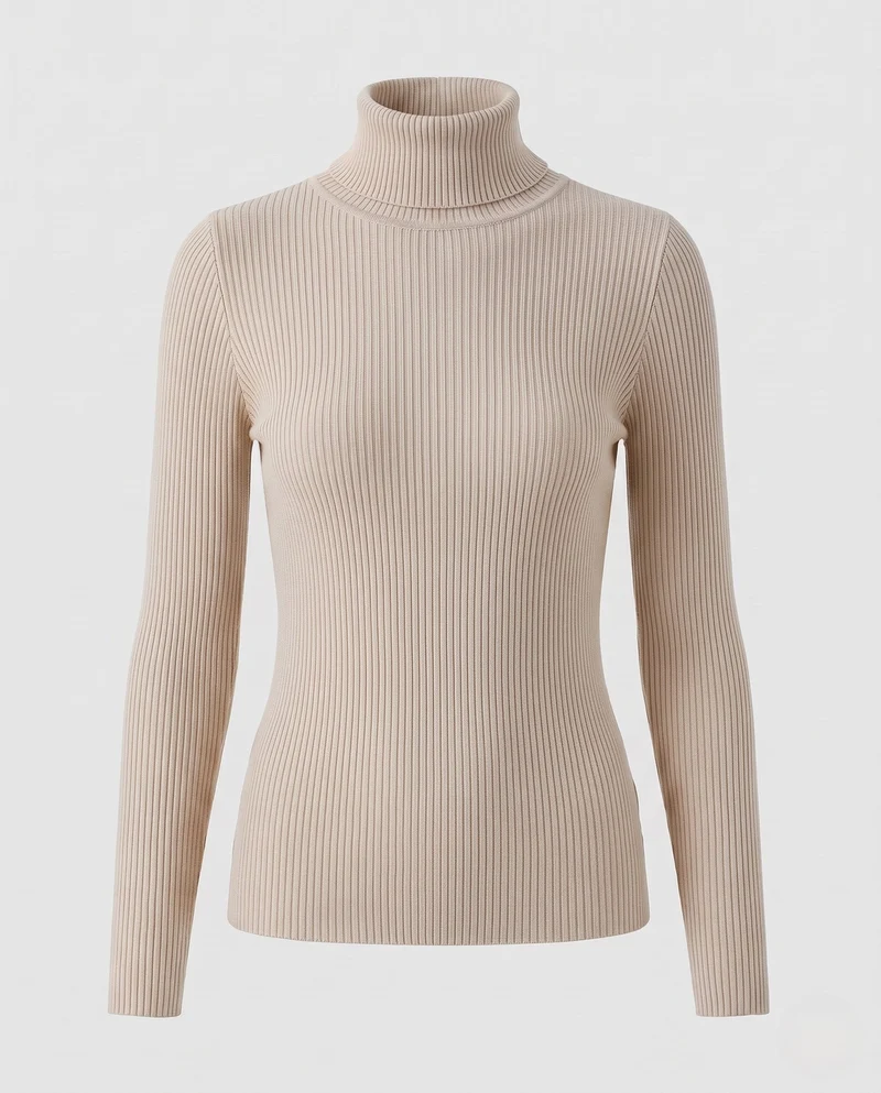 Damen Enganliegender Rippstrick-Rollkragenpullover in Feiner Stretch-Qualität Nord Taschen