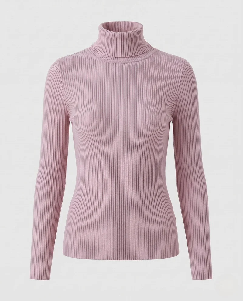 Damen Enganliegender Rippstrick-Rollkragenpullover in Feiner Stretch-Qualität Nord Taschen