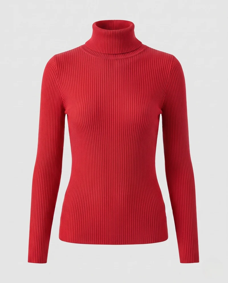 Damen Enganliegender Rippstrick-Rollkragenpullover in Feiner Stretch-Qualität Nord Taschen