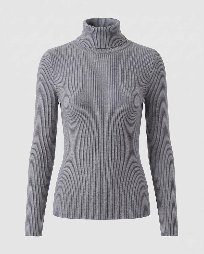 Damen Enganliegender Rippstrick-Rollkragenpullover in Feiner Stretch-Qualität Nord Taschen
