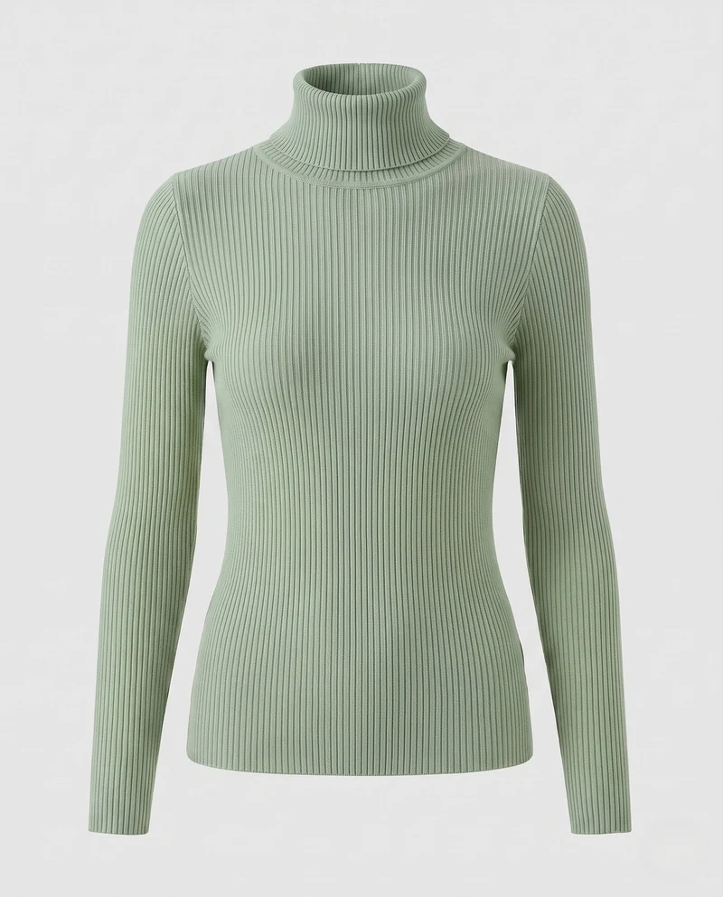Damen Enganliegender Rippstrick-Rollkragenpullover in Feiner Stretch-Qualität Nord Taschen