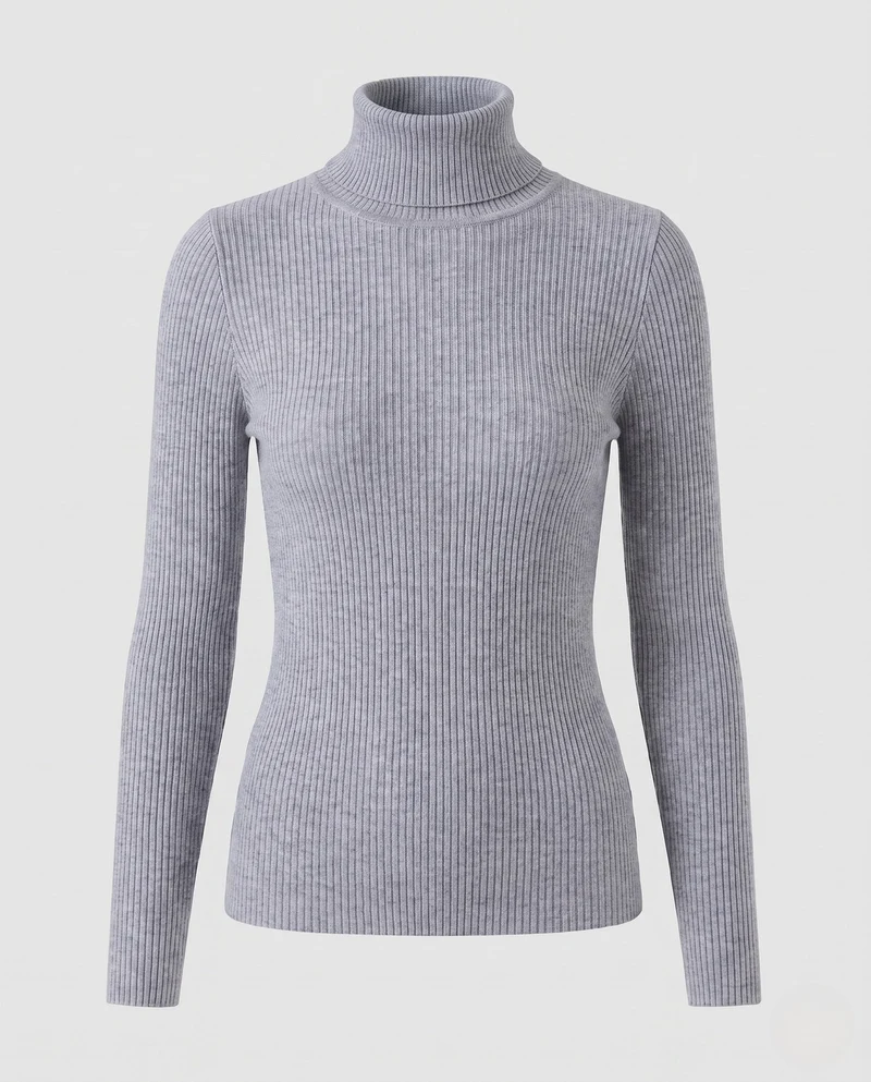 Damen Enganliegender Rippstrick-Rollkragenpullover in Feiner Stretch-Qualität Nord Taschen