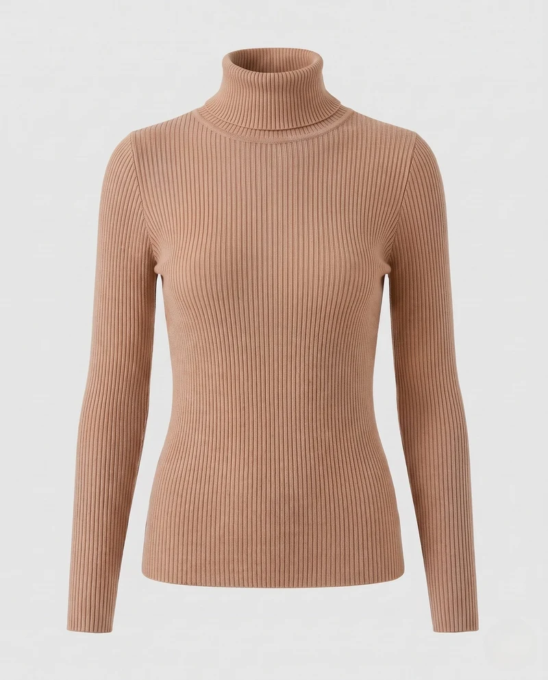 Damen Enganliegender Rippstrick-Rollkragenpullover in Feiner Stretch-Qualität Nord Taschen