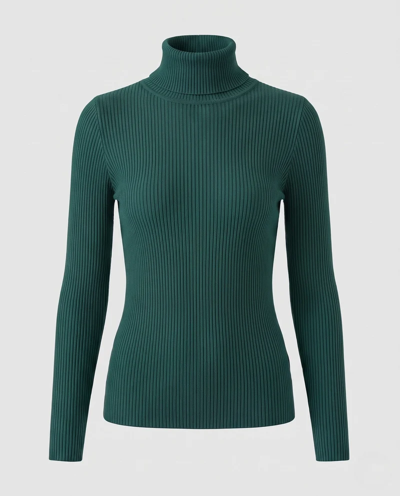 Damen Enganliegender Rippstrick-Rollkragenpullover in Feiner Stretch-Qualität Nord Taschen