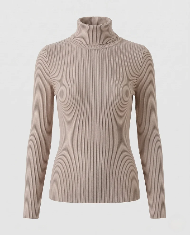 Damen Enganliegender Rippstrick-Rollkragenpullover in Feiner Stretch-Qualität Nord Taschen