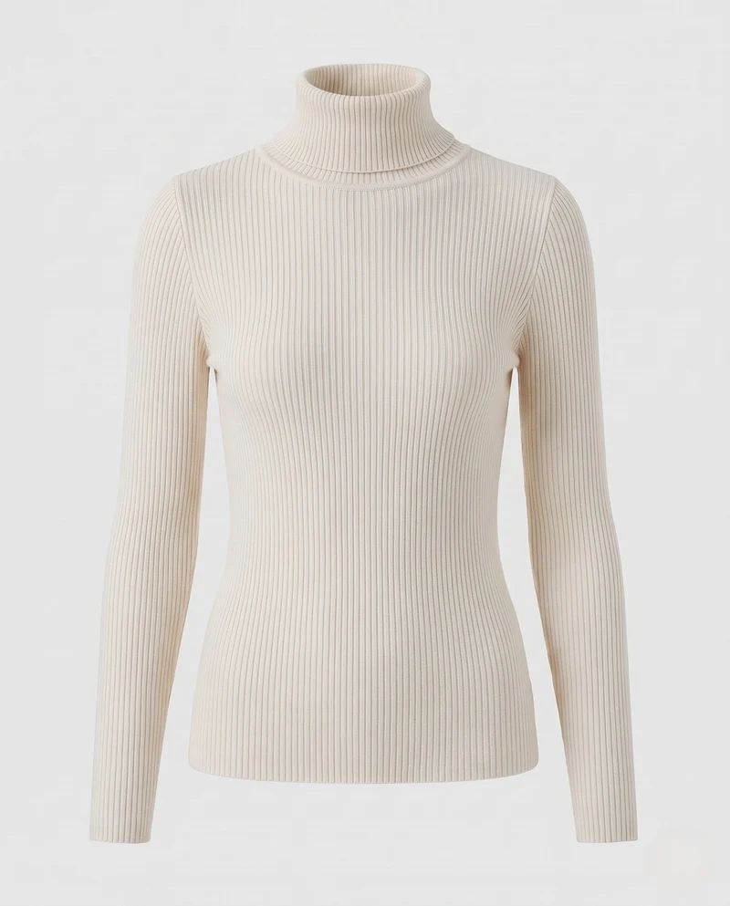 Damen Enganliegender Rippstrick-Rollkragenpullover in Feiner Stretch-Qualität Nord Taschen