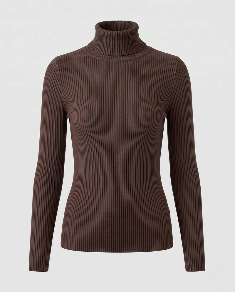 Damen Enganliegender Rippstrick-Rollkragenpullover in Feiner Stretch-Qualität Nord Taschen