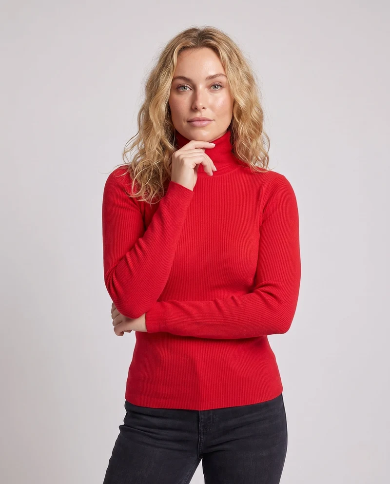 Damen Enganliegender Feinstrick-Rollkragenpullover mit feiner Rippenstruktur Nord Taschen