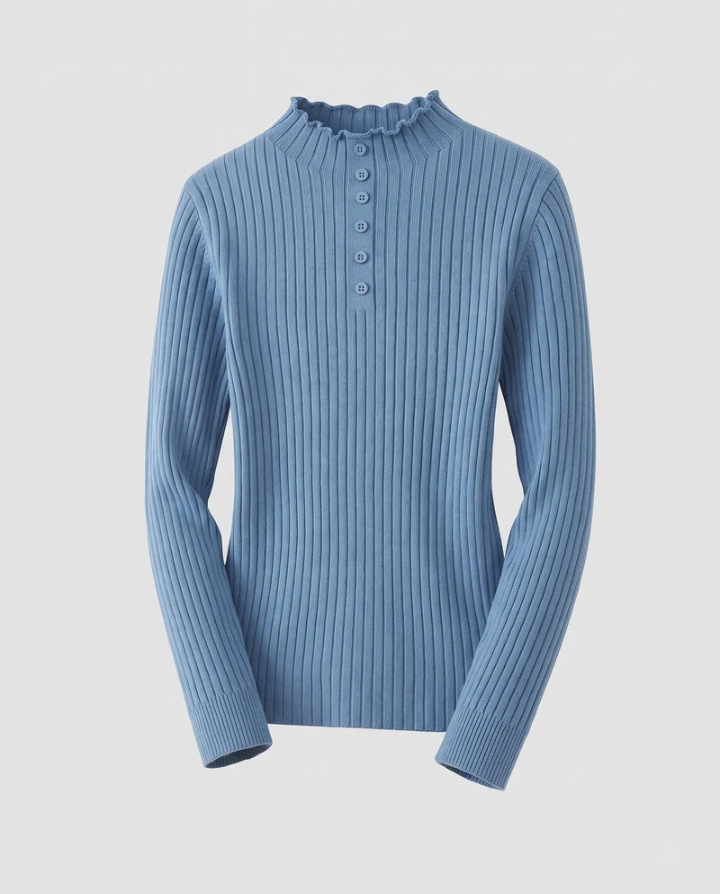 Damen Enganliegender gerippter Rollkragenpullover mit Zierknopfleiste Nord Taschen