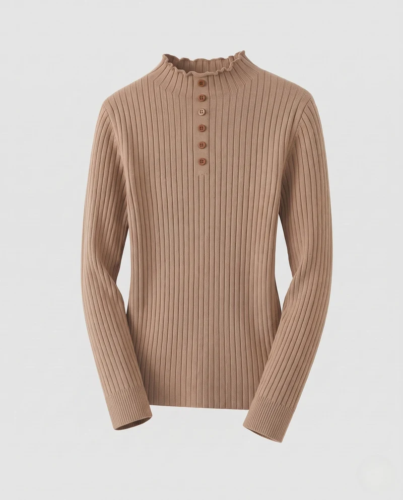 Damen Enganliegender gerippter Rollkragenpullover mit Zierknopfleiste Nord Taschen