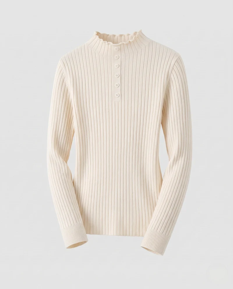 Damen Enganliegender gerippter Rollkragenpullover mit Zierknopfleiste Nord Taschen