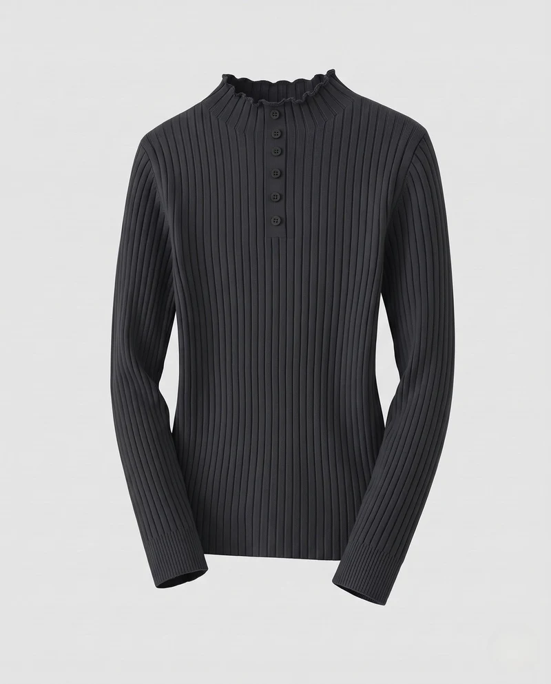 Damen Enganliegender gerippter Rollkragenpullover mit Zierknopfleiste Nord Taschen