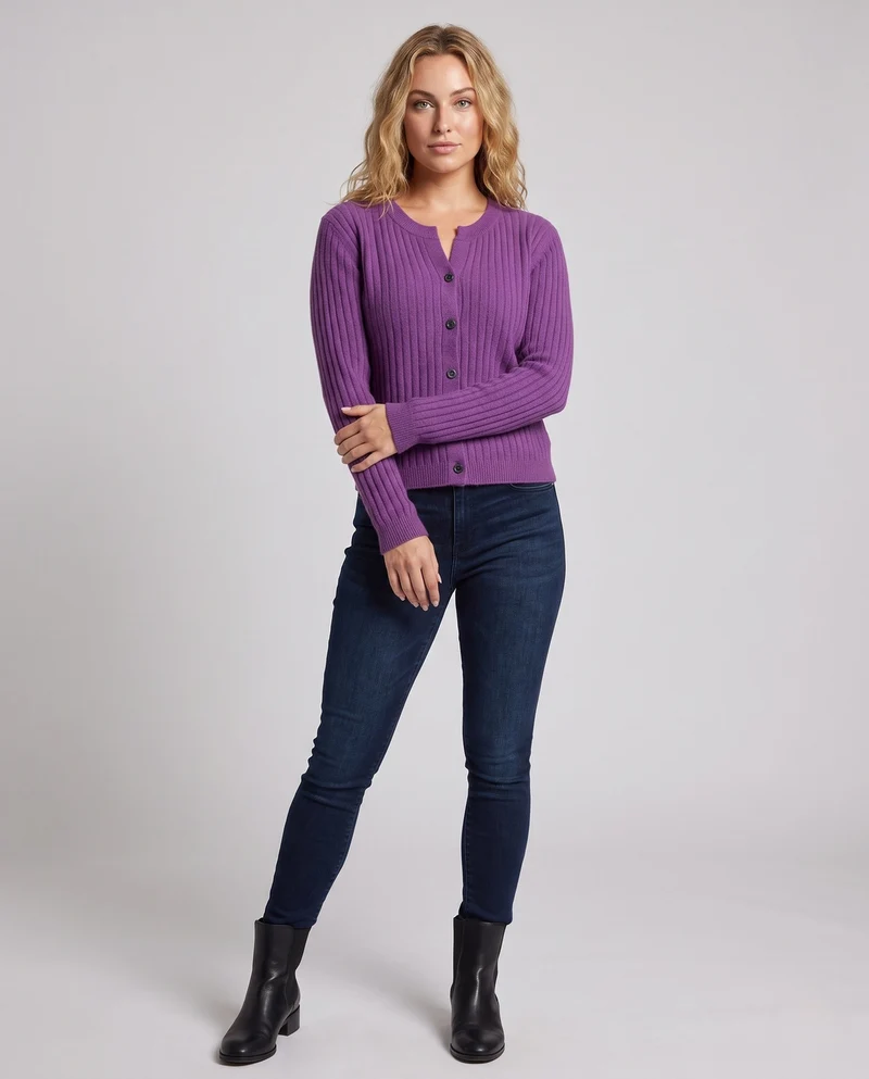 Damen Gestrickter Rippen-Cardigan mit dezentem V-Ausschnitt und Knopfleiste Nord Taschen
