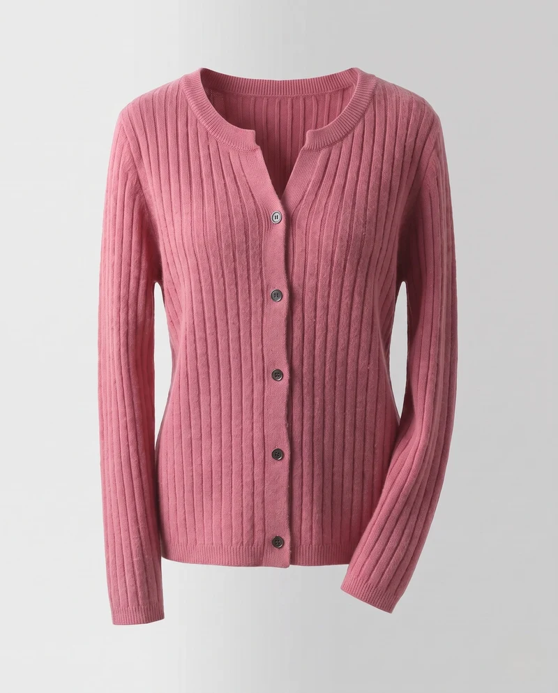 Damen Gestrickter Rippen-Cardigan mit dezentem V-Ausschnitt und Knopfleiste Nord Taschen