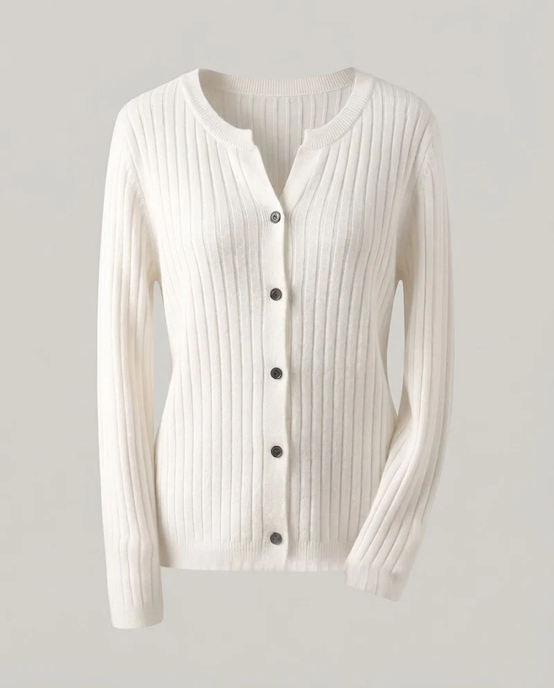 Damen Gestrickter Rippen-Cardigan mit dezentem V-Ausschnitt und Knopfleiste Nord Taschen