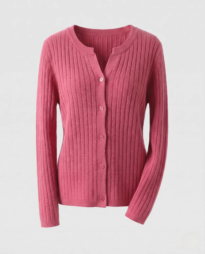 Damen Gestrickter Rippen-Cardigan mit dezentem V-Ausschnitt und Knopfleiste Nord Taschen