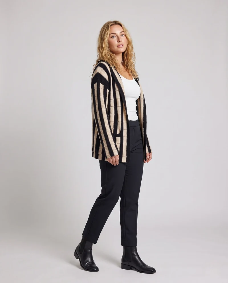 Damen gestreifter Longcardigan mit Kapuze und strukturierter Rippenstrick-Optik Nord Taschen
