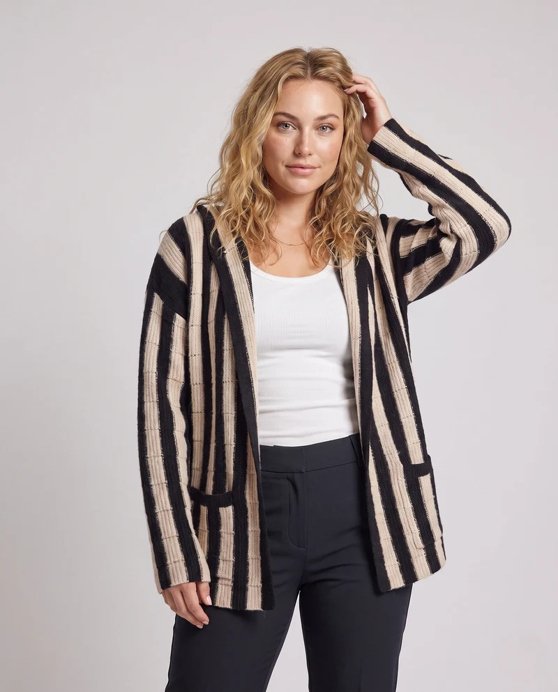 Damen gestreifter Longcardigan mit Kapuze und strukturierter Rippenstrick-Optik Nord Taschen