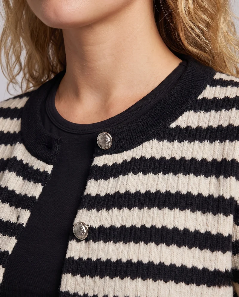 Damen Gestreifter Kurzcardigan mit rundem Ausschnitt, geknöpfter Front und flauschiger Mohair‑Optik Nord Taschen