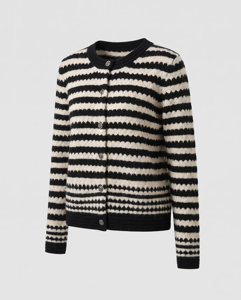 Damen Gestreifter Kurzcardigan mit rundem Ausschnitt, geknöpfter Front und flauschiger Mohair‑Optik Nord Taschen