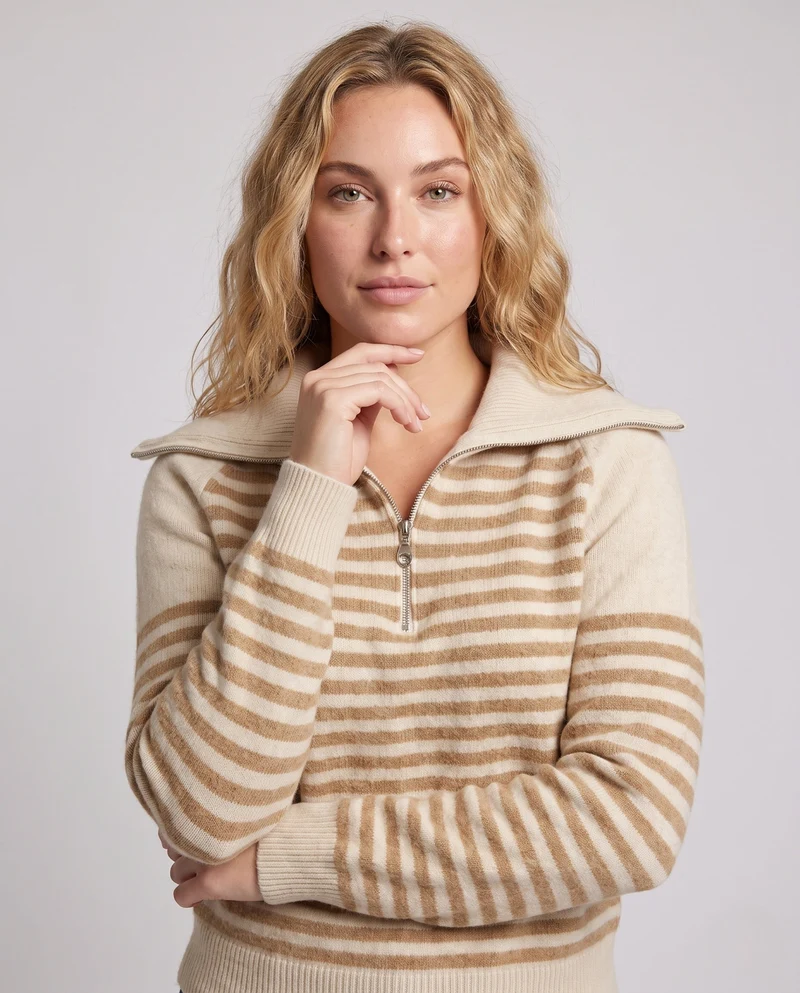 Damen Gestreifter Kurzpullover aus flauschigem Mohair‑Look mit halbem Reißverschluss und überlappendem Kragen Nord Taschen