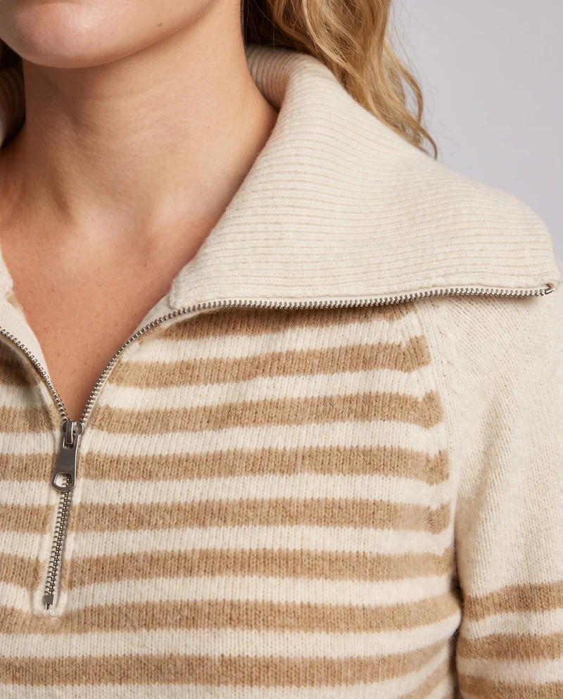 Damen Gestreifter Kurzpullover aus flauschigem Mohair‑Look mit halbem Reißverschluss und überlappendem Kragen Nord Taschen